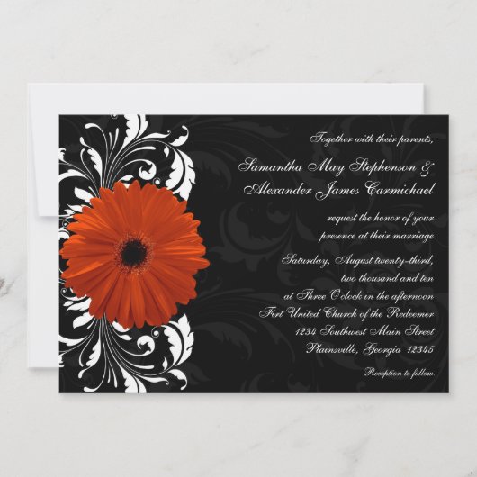 Invitation Gérbera orange avec défilement noir et blanc (Devant)