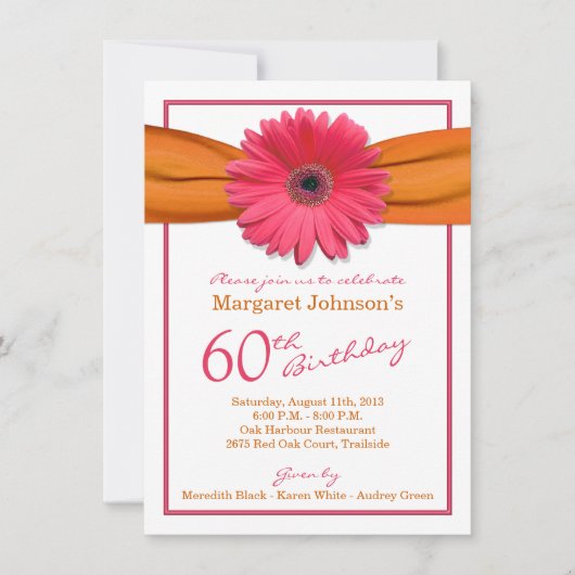 Invitation Gerbera rose Daisy Orange Ribbon 60e anniversaire (Devant)
