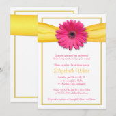 Invitation Gerbera rose Fête des mariées de ruban jaune (Devant / Derrière)