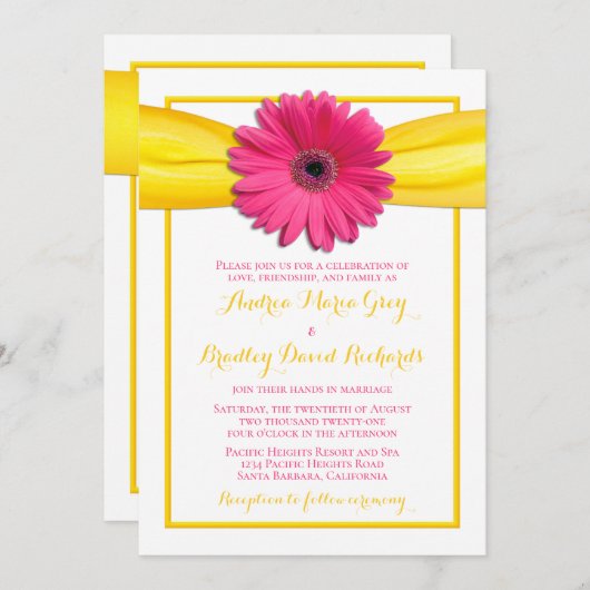 Invitation Gerbera rose Fleur Fleur Jaune Mariage de ruban (Devant / Derrière)