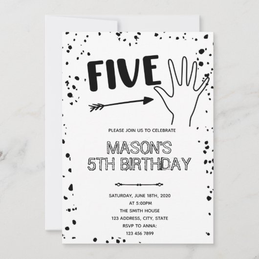 Invitation Geste de la main noir blanc 5ème anniversaire (Devant)