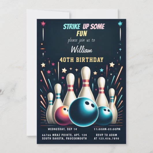 Invitation Get Neon Boy Kids Team Event Bowling 40e anniversa (Devant)