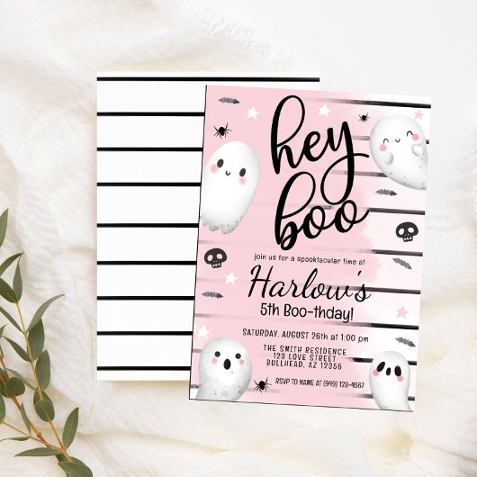 Invitation Ghost Hey Boo Pastel Pink Halloween Anniversaire