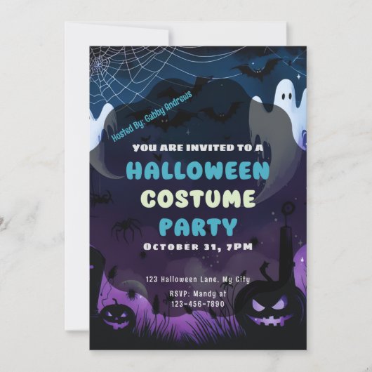 Invitation Ghosts Spiderwebs Citrouilles Purple Blue Hallowee (Devant)