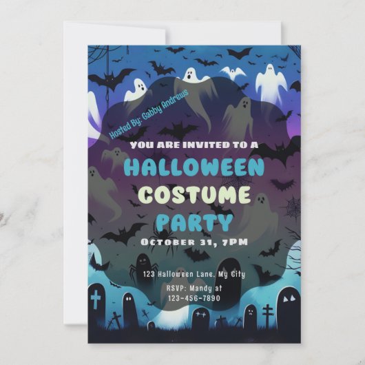Invitation Ghosts Spiderwebs Graves Purple Bleu Halloween (Devant)