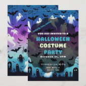 Invitation Ghosts Spiderwebs Graves Purple Bleu Halloween (Devant / Derrière)