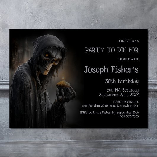 Invitation Ghoulish Grim Reaper with Cupcake Birthday Party