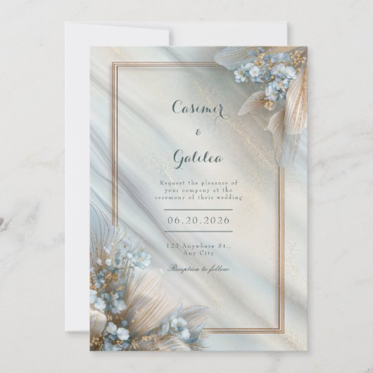 Invitation Gilded Blue Floral Cream Fluid Marble Wedding (Devant)