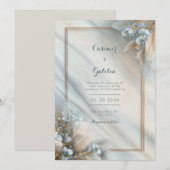 Invitation Gilded Blue Floral Cream Fluid Marble Wedding (Devant / Derrière)