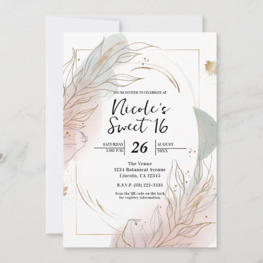 Invitation Gilded Gold Sage & Blush Botanical Sweet 16 (Devant)