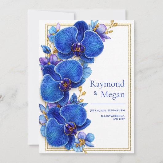 Invitation Gilded Royal Blue Orchid Botanical Wedding (Devant)