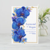 Invitation Gilded Royal Blue Orchid Botanical Wedding (Debout devant)