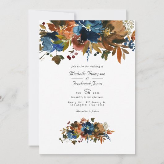 Invitation Gingembre et marine Floral QR Code RSVP Mariage (Devant)