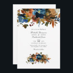 Invitation Gingembre et marine Floral QR Code RSVP Mariage<br><div class="desc">Aquarelle tendance florale reportée faire-part mariage dans les accents de gingembre-brun orange et indigo bleu marine. Idéal pour un thème ou un mariage de jardin. Le code QR au verso dirige vers votre site mariage où les gens peuvent en savoir plus et rsvp.</div>