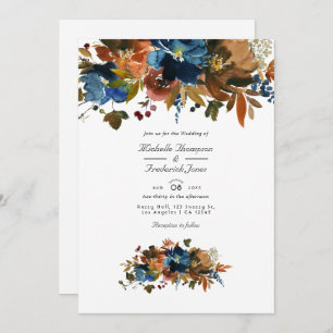 Invitation Ginger and Navy Floral QR Code RSVP Wedding