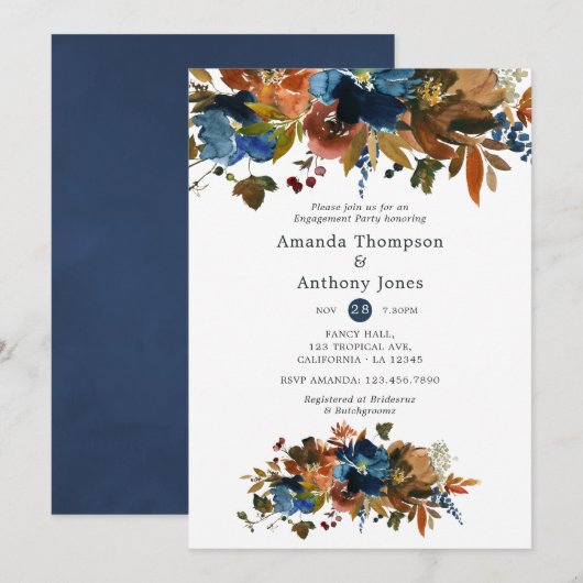 Invitation Ginger et Navy Floral Engagement Party (Devant / Derrière)
