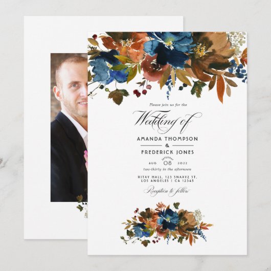 Invitation Ginger et Navy Floral Mariage Photo (Devant / Derrière)