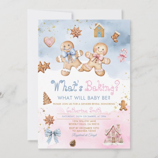 Invitation Gingerbread Boy Girl Cookies Pink Blue Winter (Devant)