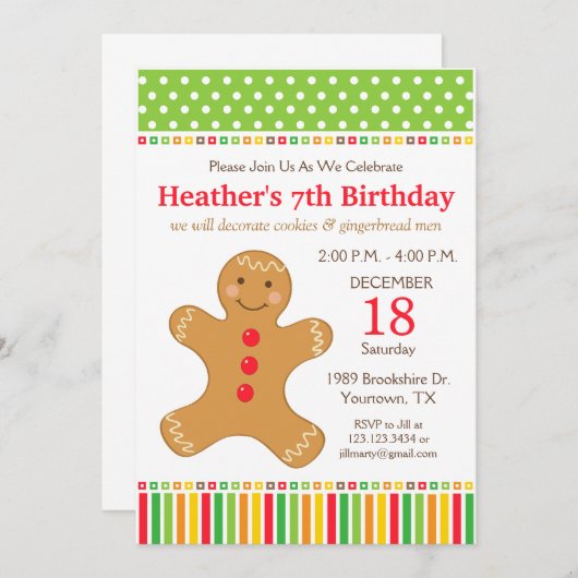 Invitation Gingerbread Cookie fête d'anniversaire (Devant / Derrière)