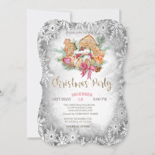 Invitation Gingerbread Cookie, Grey Snowflakes Noël (Devant)