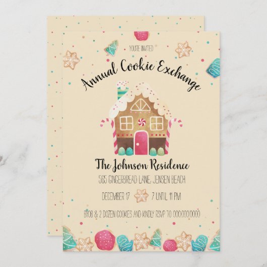Invitation Gingerbread House Cute Holiday Cookie Exchange (Devant / Derrière)
