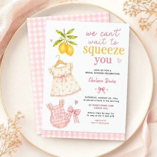 Invitation Gingham Aquarelle Citron Rose Bébé Fille