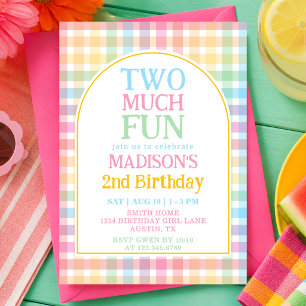 Invitation Gingham Arc-en-ciel Pastel Trop Amusant 2e Anniver