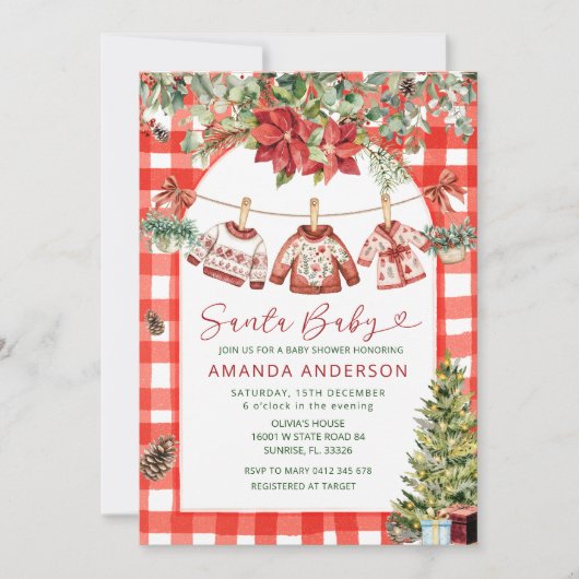 Invitation Gingham Baby Christmas Clotheslin Baby Shower (Devant)