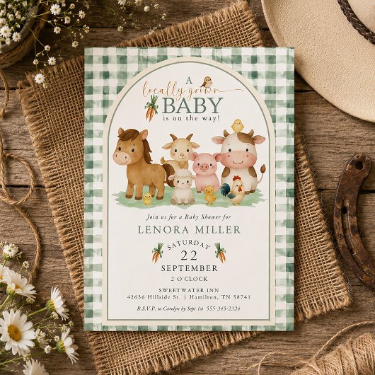 Invitation Gingham Bébé Élevé Localement Animaux de Ferme Bab