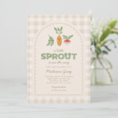 Invitation Gingham Beige Bébé Pousse sur le Point Baby Shower (Debout devant)