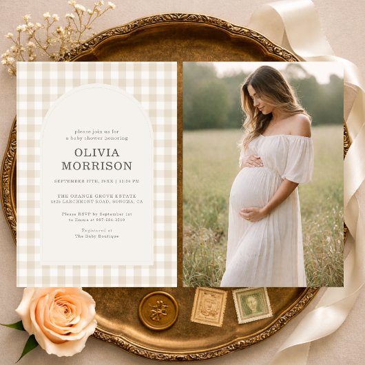 Invitation Gingham Beige Gender Neutral Photo Baby Shower