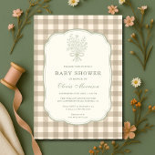 Invitation Gingham Beige Ivory Floral Bow Baby Shower