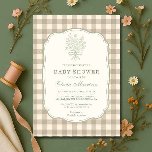 Invitation Gingham Beige Ivory Floral Bow Baby Shower