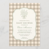 Invitation Gingham Beige Ivory Floral Bow Baby Shower (Devant)