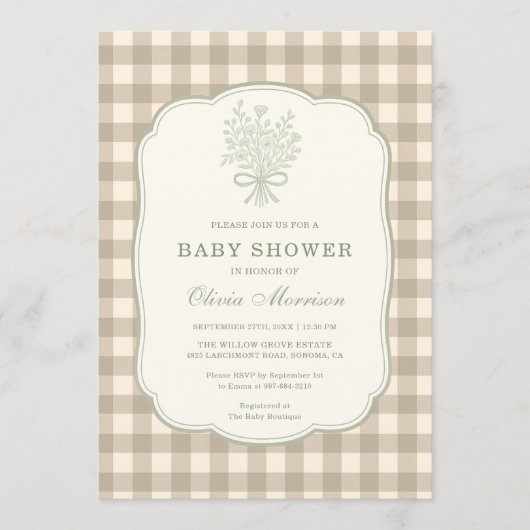 Invitation Gingham Beige Ivory Floral Bow Baby Shower (Devant)