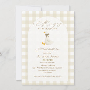 Invitation Gingham Beige Petit Oie Marron Ruban Baby Shower