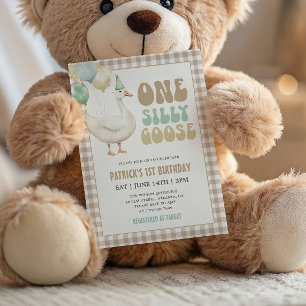 Invitation Gingham Beige Une Oie Ridicule 1er Anniversaire