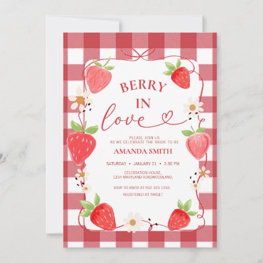 Invitation Gingham Berry In Love Red Bow Bridal Shower (Devant)