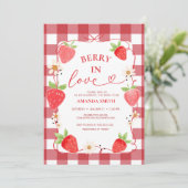 Invitation Gingham Berry In Love Red Bow Bridal Shower (Debout devant)