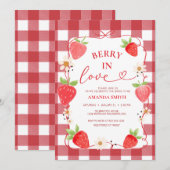 Invitation Gingham Berry In Love Red Bow Bridal Shower (Devant / Derrière)