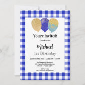 Invitation Gingham Bleu, Ballons de Fête 1er Anniversaire (Devant)