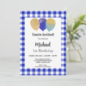 Invitation Gingham Bleu, Ballons de Fête 1er Anniversaire (Debout devant)
