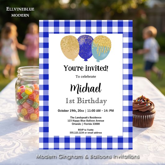 Invitation Gingham Bleu, Ballons de Fête 1er Anniversaire