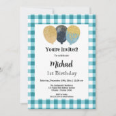 Invitation Gingham Bleu Canard, Ballons de Fête 1er Anniversa (Devant)