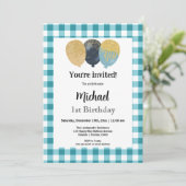 Invitation Gingham Bleu Canard, Ballons de Fête 1er Anniversa (Debout devant)