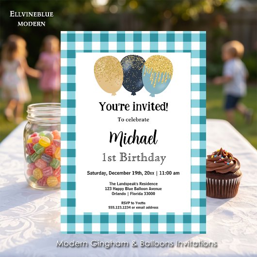 Invitation Gingham Bleu Canard, Ballons de Fête 1er Anniversa