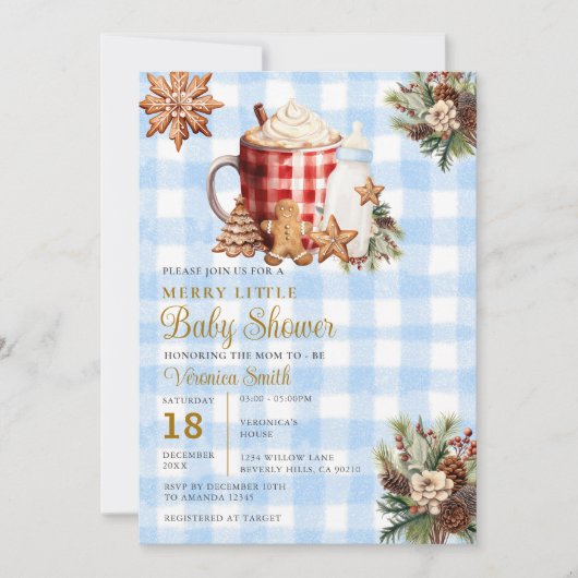 Invitation Gingham Bleu Une Baby Shower Joyeuse (Devant)