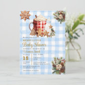 Invitation Gingham Bleu Une Baby Shower Joyeuse (Debout devant)