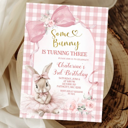 Invitation Gingham Blush Pink Floral Bow Bunny Ballerina