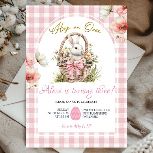 Invitation Gingham Bohème Rose Noeud Floral Pâques Lapin Anni